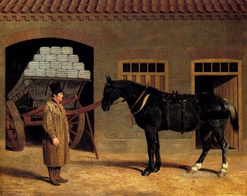 ジョン・フレデリック・ヘリング・シニア Painting - 馬車の馬と御者が馬小屋の外に立つニシン・シニアのジョン・フレデリック馬